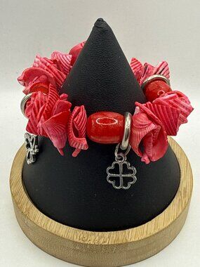 Vibrant Red Shell Nugget & Silver Clover Charm Beaded Stretch Bracelet